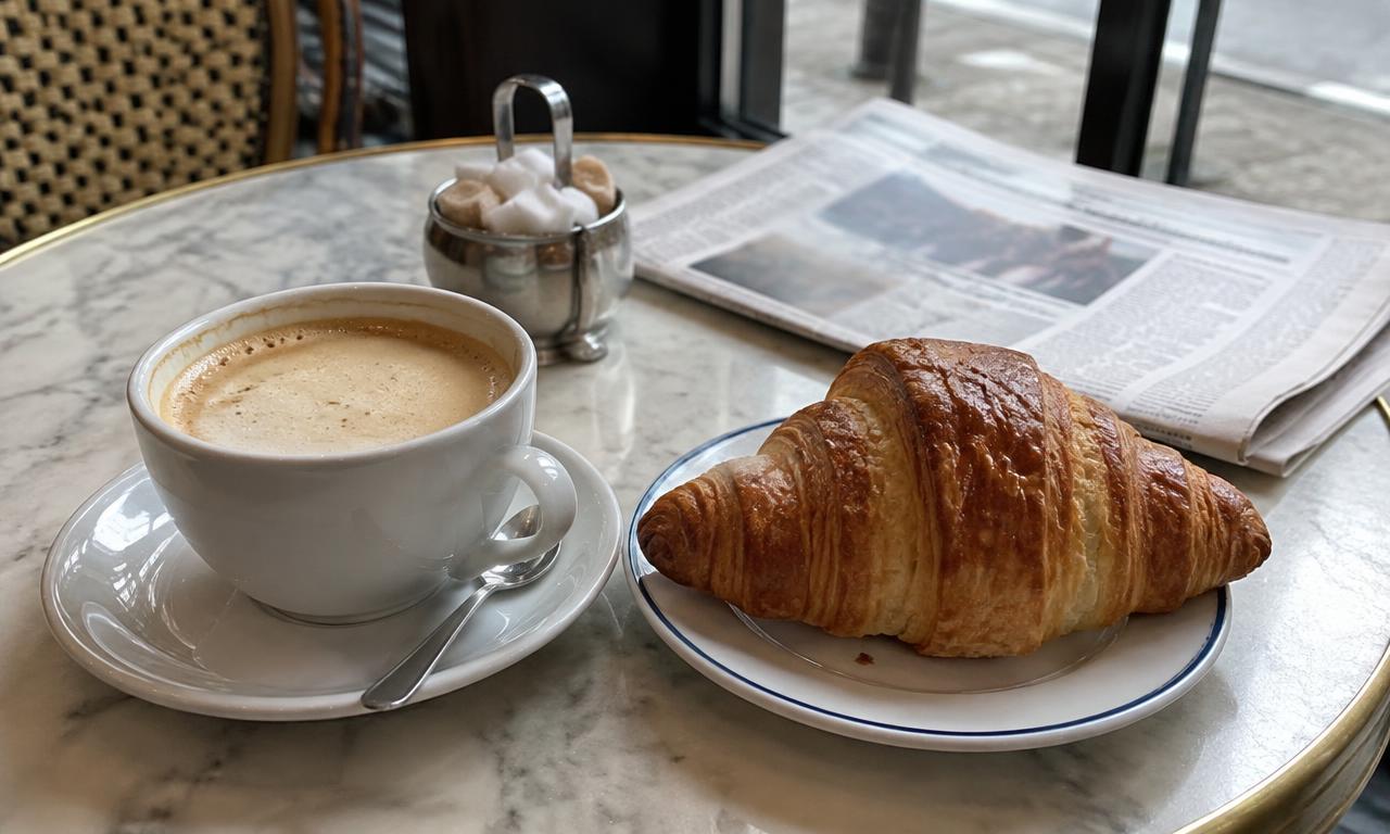 Le café crème du matin sur le marbre, avec son sucre en morceaux et son journal à demi replié.