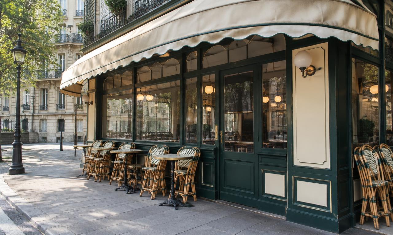 La façade du café à l'heure où la rue s'éveille, quand l'auvent fait déjà de l'ombre aux premières tables.