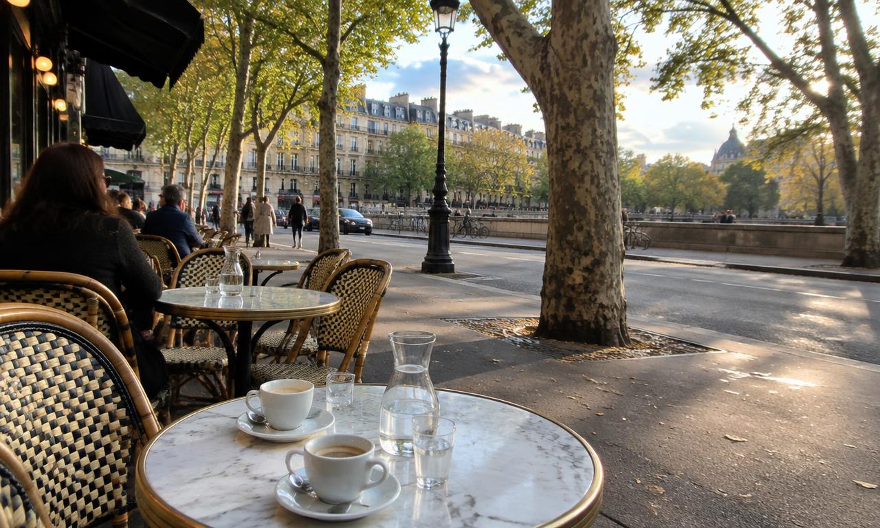 La terrasse en plein air, quand les platanes du boulevard laissent tomber leur lumière sur les tables rondes.